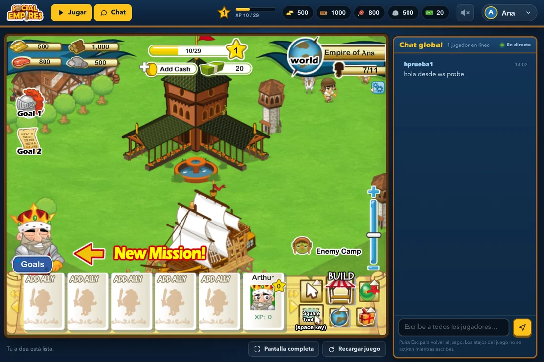 Captura del juego: la aldea con el chat global acoplado a la derecha